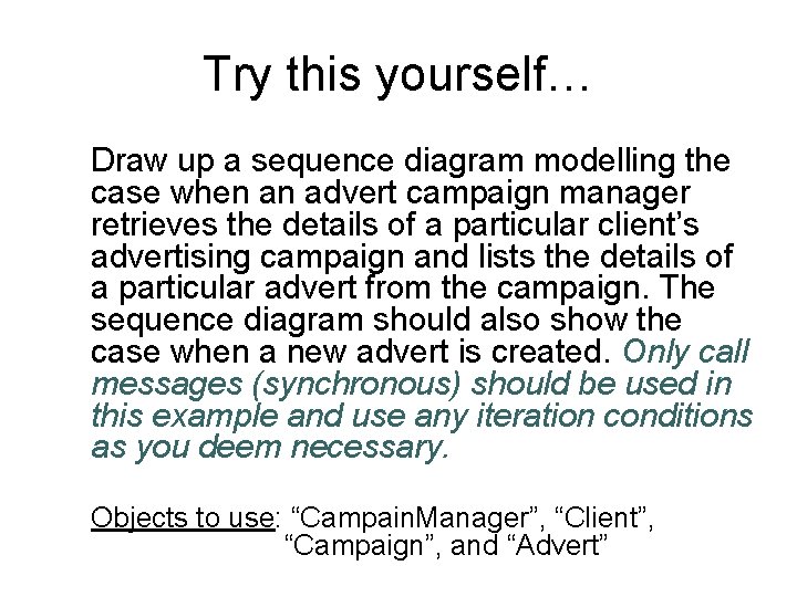 Try this yourself… Draw up a sequence diagram modelling the case when an advert