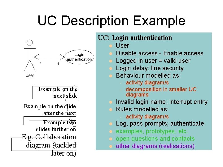 UC Description Example UC: Login authentication - Example on the next slide Example on