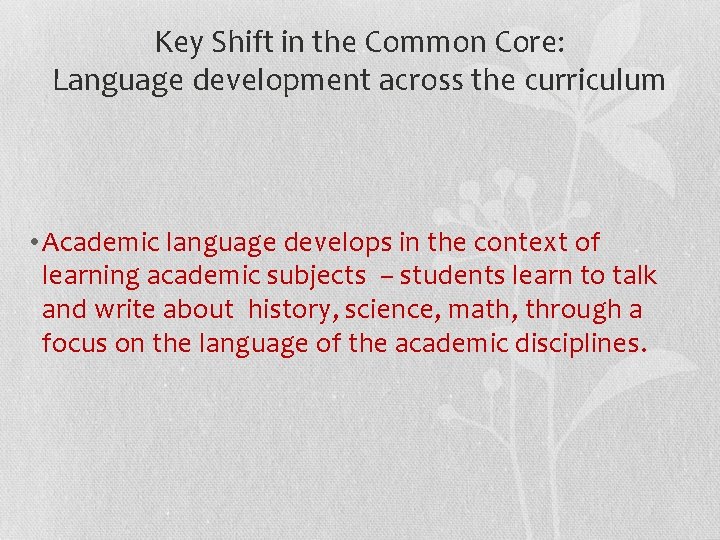 Key Shift in the Common Core: Language development across the curriculum • Academic language