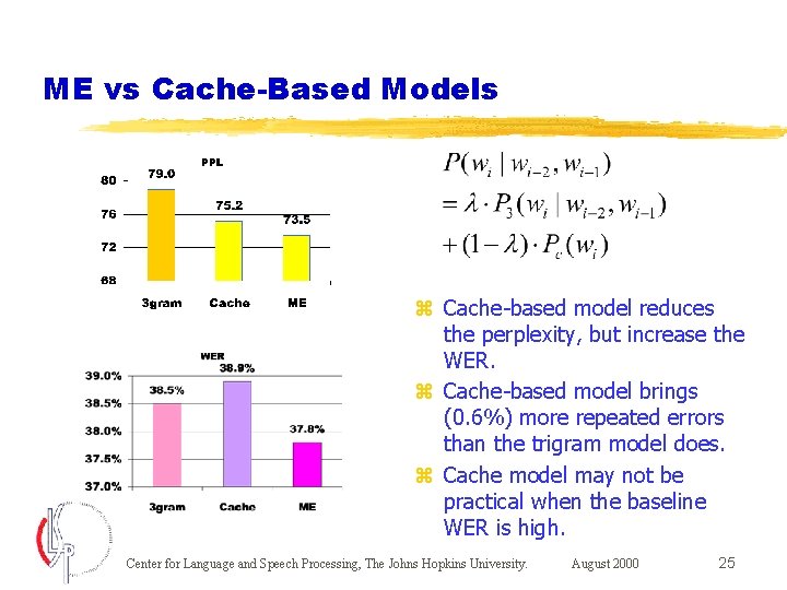 ME vs Cache-Based Models z Cache-based model reduces the perplexity, but increase the WER.