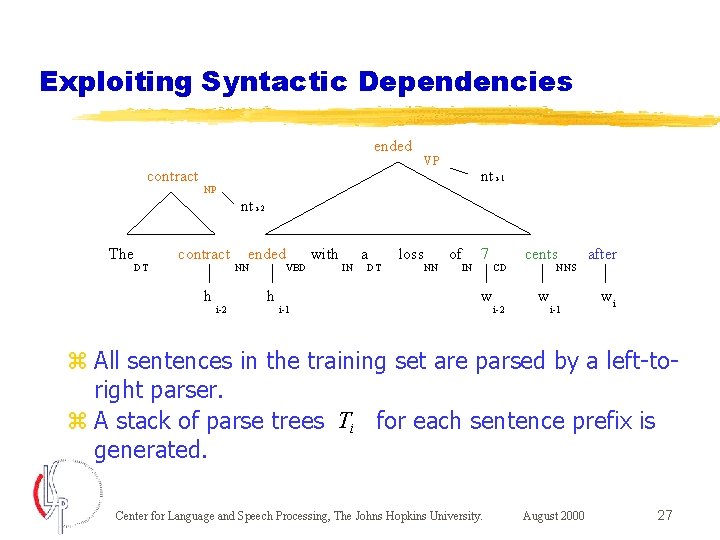 Exploiting Syntactic Dependencies ended contract VP nt i-1 NP nt i-2 The DT contract