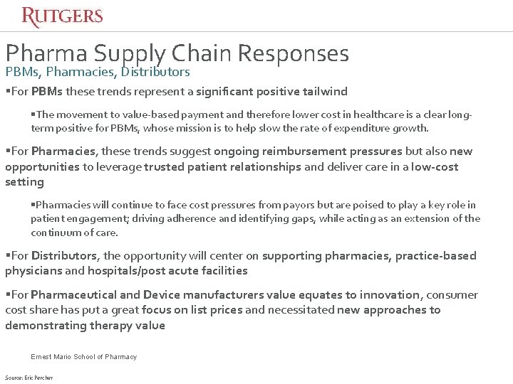 Pharma Supply Chain Responses PBMs, Pharmacies, Distributors §For PBMs these trends represent a significant Pharma Supply Chain Responses PBMs, Pharmacies, Distributors §For PBMs these trends represent a significant