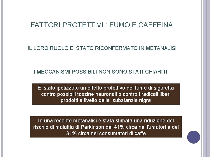 FATTORI PROTETTIVI : FUMO E CAFFEINA IL LORO RUOLO E’ STATO RICONFERMATO IN METANALISI FATTORI PROTETTIVI : FUMO E CAFFEINA IL LORO RUOLO E’ STATO RICONFERMATO IN METANALISI