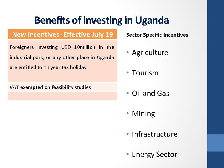 Benefits of investing in Uganda New incentives. Incentive Regime Effective July 19 Foreigners investing