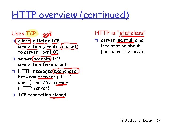 HTTP overview (continued) Uses TCP: r client initiates TCP connection (creates socket) to server,