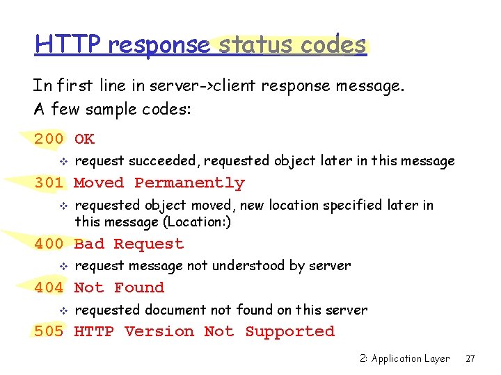 HTTP response status codes In first line in server->client response message. A few sample