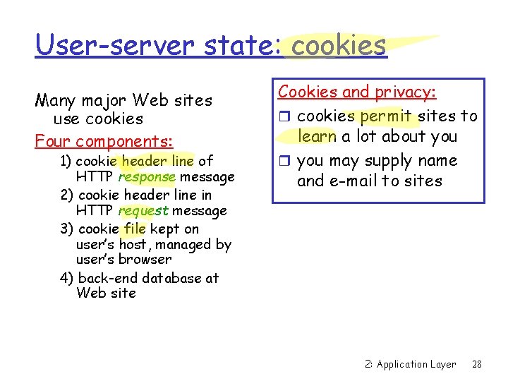 User-server state: cookies Many major Web sites use cookies Four components: 1) cookie header