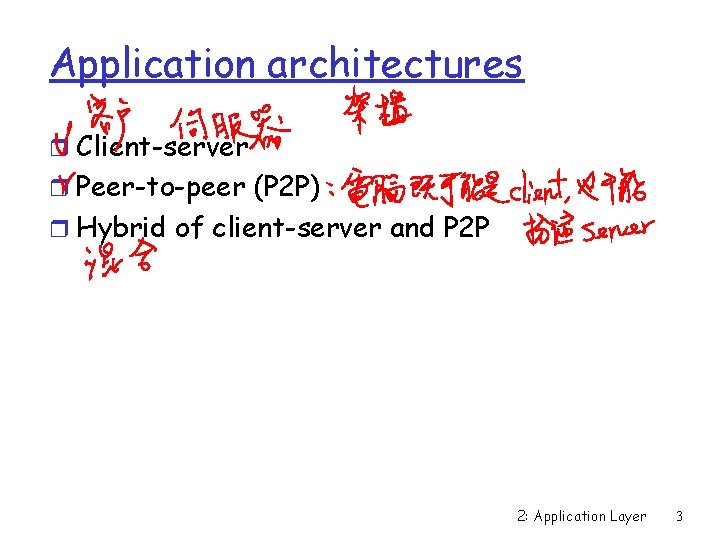 Application architectures r Client-server r Peer-to-peer (P 2 P) r Hybrid of client-server and