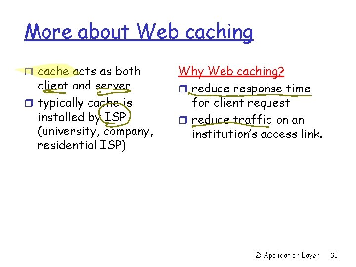 More about Web caching r cache acts as both client and server r typically