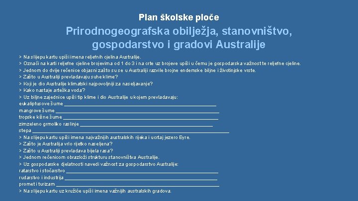 Plan školske ploče Prirodnogeografska obilježja, stanovništvo, gospodarstvo i gradovi Australije > Na slijepu kartu