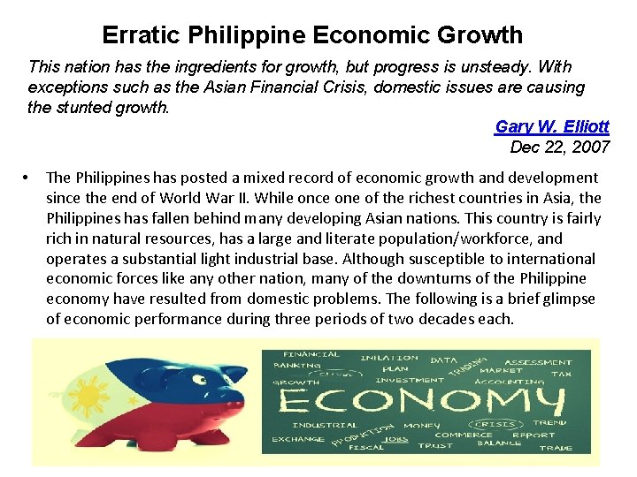 Erratic Philippine Economic Growth This nation has the ingredients for growth, but progress is