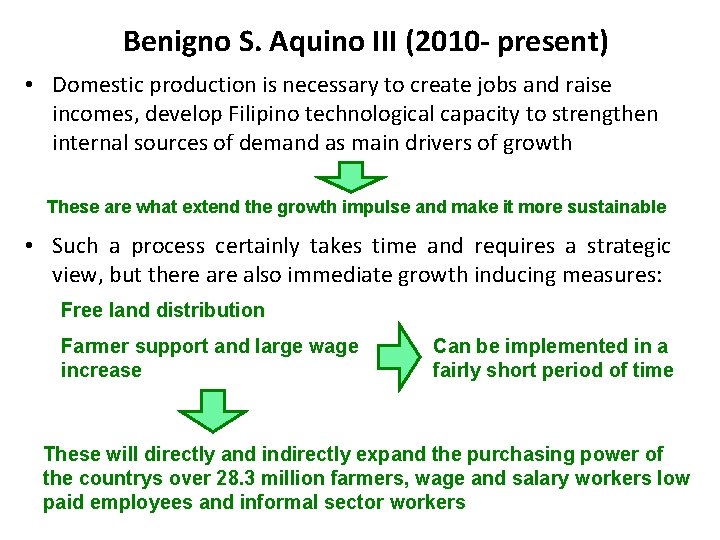Benigno S. Aquino III (2010 - present) • Domestic production is necessary to create