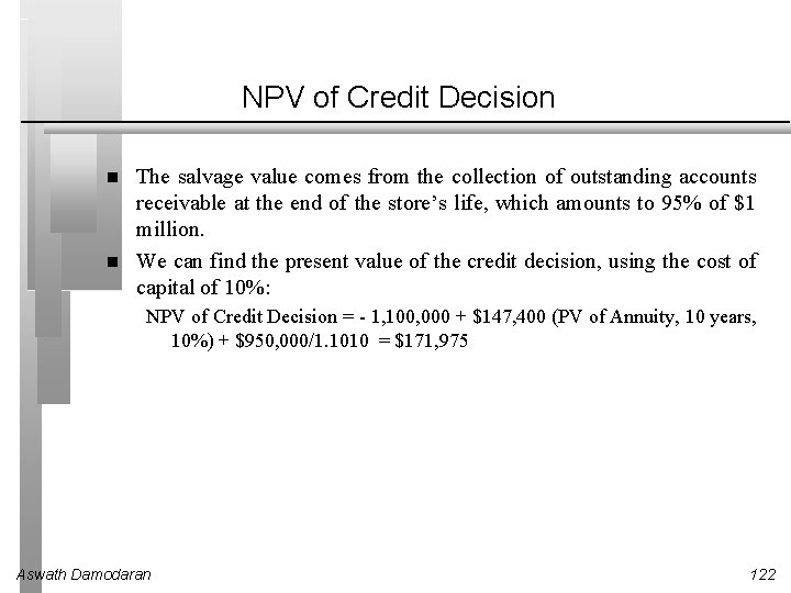 NPV of Credit Decision The salvage value comes from the collection of outstanding accounts