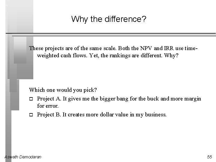 Why the difference? These projects are of the same scale. Both the NPV and