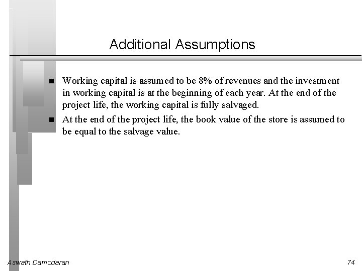 Additional Assumptions Working capital is assumed to be 8% of revenues and the investment