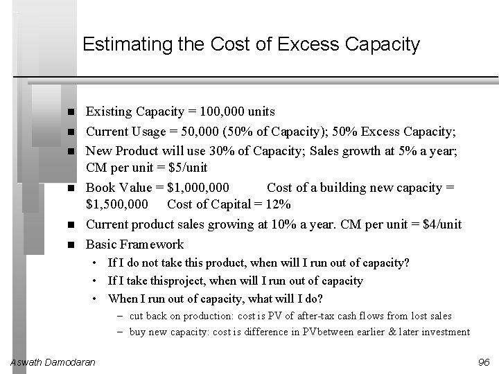 Estimating the Cost of Excess Capacity Existing Capacity = 100, 000 units Current Usage