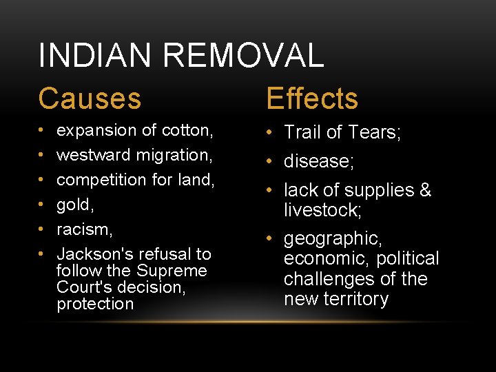 INDIAN REMOVAL Causes Effects • • Trail of Tears; expansion of cotton, westward migration, INDIAN REMOVAL Causes Effects • • Trail of Tears; expansion of cotton, westward migration,