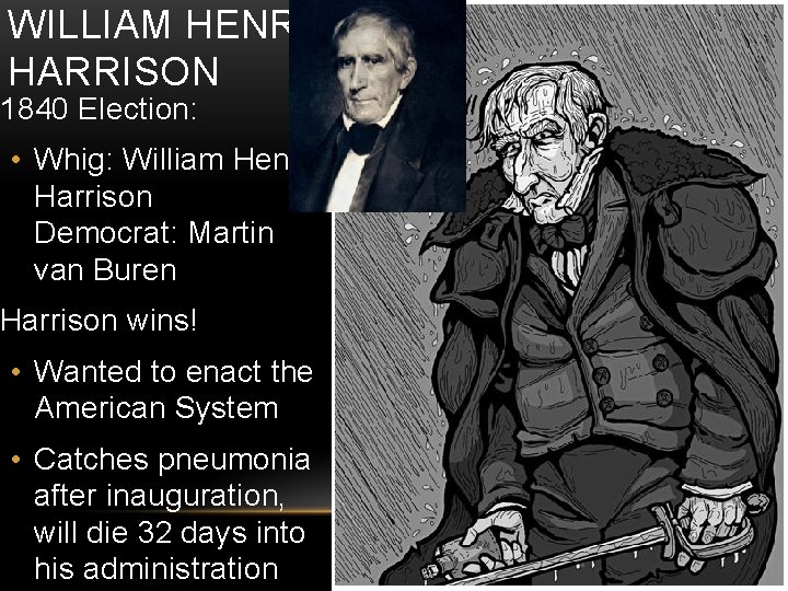 WILLIAM HENRY HARRISON 1840 Election: • Whig: William Henry Harrison Democrat: Martin van Buren WILLIAM HENRY HARRISON 1840 Election: • Whig: William Henry Harrison Democrat: Martin van Buren