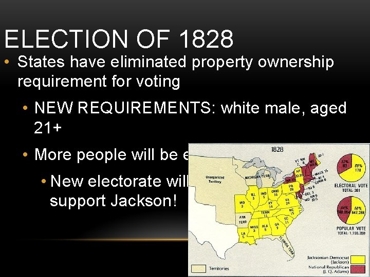 ELECTION OF 1828 • States have eliminated property ownership requirement for voting • NEW ELECTION OF 1828 • States have eliminated property ownership requirement for voting • NEW