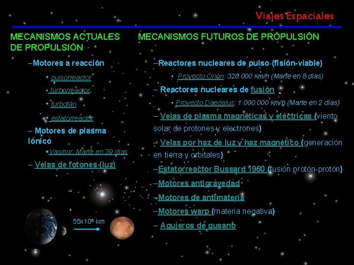 Viajes Espaciales MECANISMOS ACTUALES DE PROPULSIÓN –Motores a reacción MECANISMOS FUTUROS DE PROPULSIÓN –Reactores Viajes Espaciales MECANISMOS ACTUALES DE PROPULSIÓN –Motores a reacción MECANISMOS FUTUROS DE PROPULSIÓN –Reactores