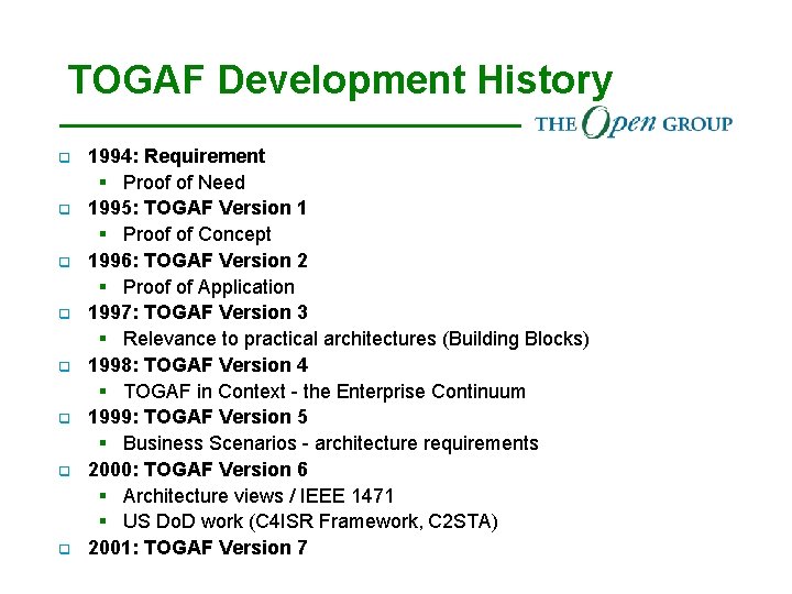 TOGAF Development History q q q q 1994: Requirement § Proof of Need 1995: