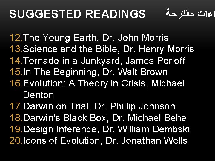 SUGGESTED READINGS ﺍﺀﺍﺕ ﻣﻘﺘﺮﺣﺔ 12. The Young Earth, Dr. John Morris 13. Science and