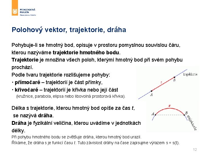 Polohový vektor, trajektorie, dráha Pohybuje-li se hmotný bod, opisuje v prostoru pomyslnou souvislou čáru, Polohový vektor, trajektorie, dráha Pohybuje-li se hmotný bod, opisuje v prostoru pomyslnou souvislou čáru,