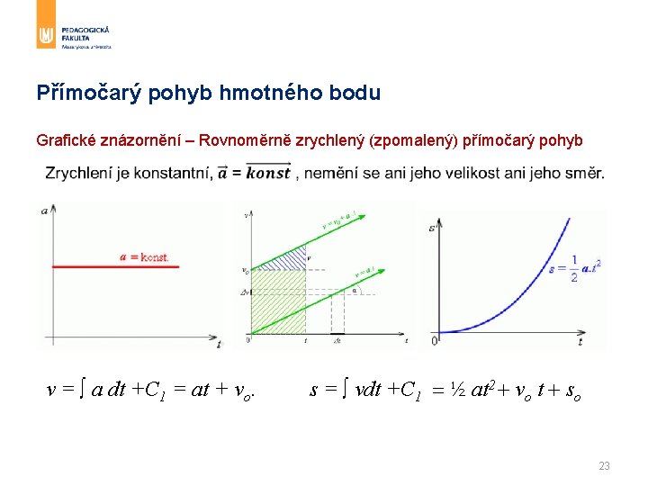 Přímočarý pohyb hmotného bodu Grafické znázornění – Rovnoměrně zrychlený (zpomalený) přímočarý pohyb v = Přímočarý pohyb hmotného bodu Grafické znázornění – Rovnoměrně zrychlený (zpomalený) přímočarý pohyb v =