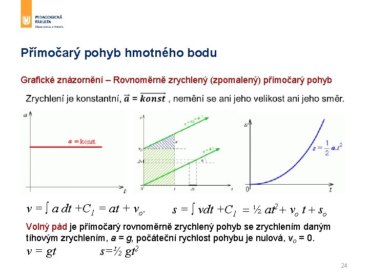 Přímočarý pohyb hmotného bodu Grafické znázornění – Rovnoměrně zrychlený (zpomalený) přímočarý pohyb v = Přímočarý pohyb hmotného bodu Grafické znázornění – Rovnoměrně zrychlený (zpomalený) přímočarý pohyb v =