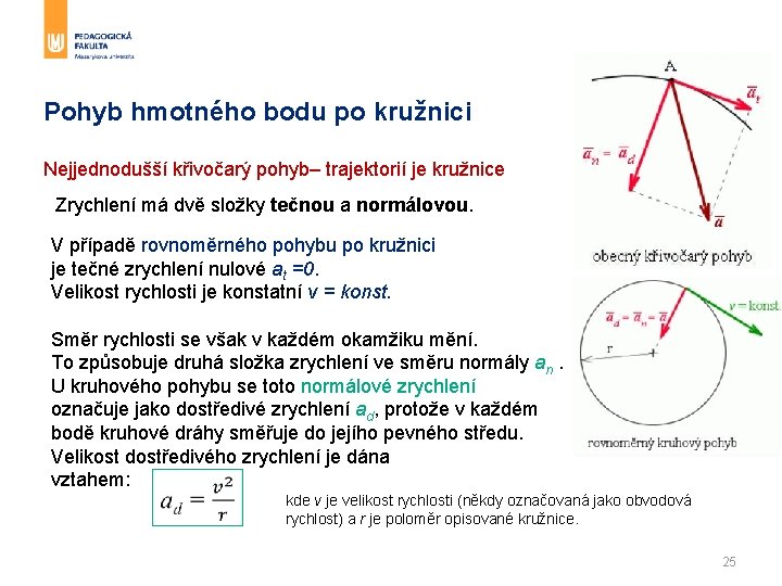 Pohyb hmotného bodu po kružnici Nejjednodušší křivočarý pohyb– trajektorií je kružnice Zrychlení má dvě Pohyb hmotného bodu po kružnici Nejjednodušší křivočarý pohyb– trajektorií je kružnice Zrychlení má dvě