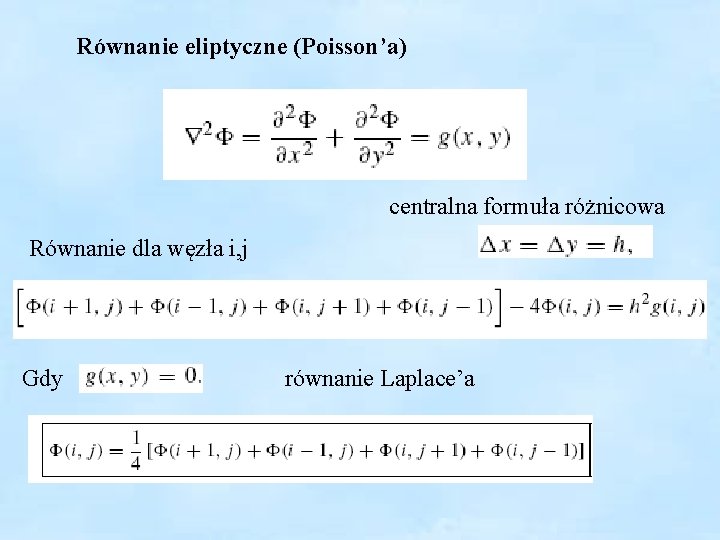 Równanie eliptyczne (Poisson’a) centralna formuła różnicowa Równanie dla węzła i, j Gdy równanie Laplace’a