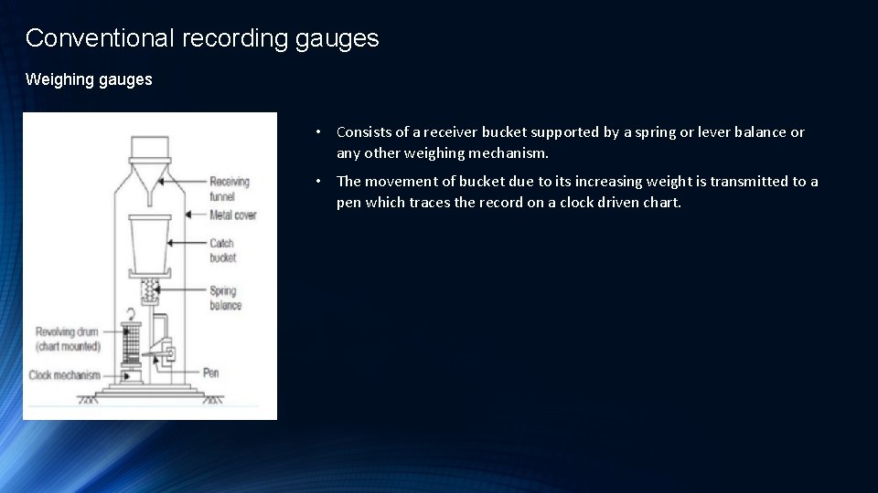 Conventional recording gauges Weighing gauges • Consists of a receiver bucket supported by a