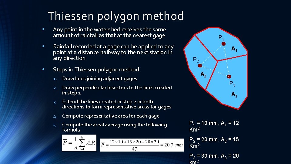 Thiessen polygon method • • • Any point in the watershed receives the same