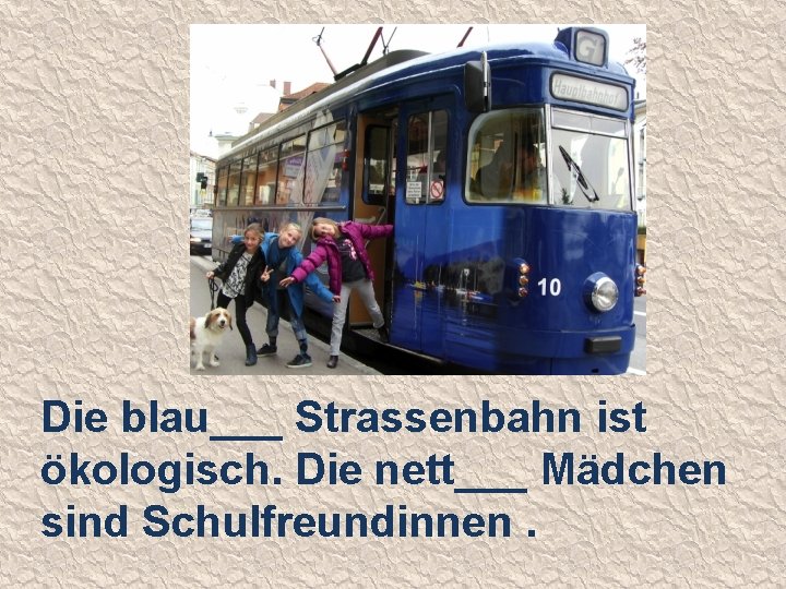 Die blau___ Strassenbahn ist ökologisch. Die nett___ Mädchen sind Schulfreundinnen. 