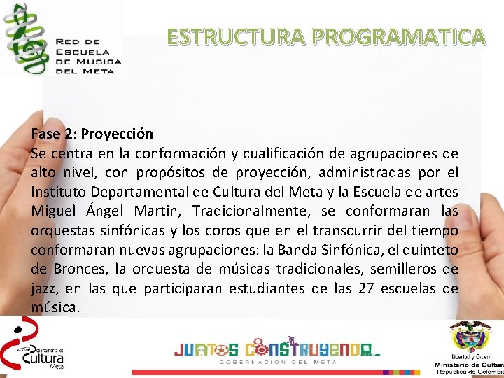 ESTRUCTURA PROGRAMATICA Fase 2: Proyección Se centra en la conformación y cualificación de agrupaciones ESTRUCTURA PROGRAMATICA Fase 2: Proyección Se centra en la conformación y cualificación de agrupaciones
