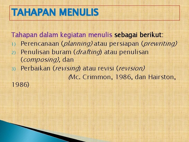 TAHAPAN MENULIS Tahapan dalam kegiatan menulis sebagai berikut: 1) Perencanaan (planning) atau persiapan (prewriting)