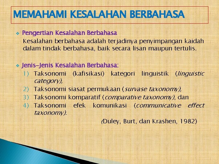 MEMAHAMI KESALAHAN BERBAHASA v v Pengertian Kesalahan Berbahasa Kesalahan berbahasa adalah terjadinya penyimpangan kaidah