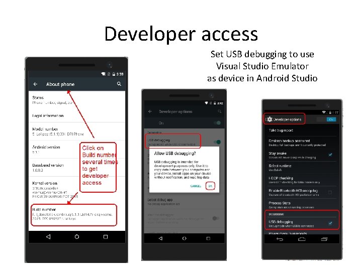 Developer access Set USB debugging to use Visual Studio Emulator as device in Android