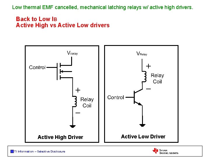 Low thermal EMF cancelled, mechanical latching relays w/ active high drivers. Back to Low