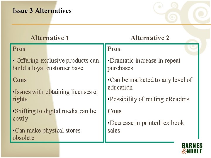 Issue 3 Alternatives Alternative 1 Alternative 2 Pros • Offering exclusive products can build