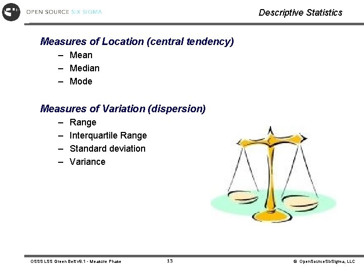 Descriptive Statistics Measures of Location (central tendency) – Mean – Median – Mode Measures