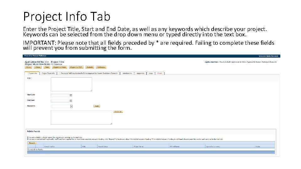 Project Info Tab Enter the Project Title, Start and End Date, as well as