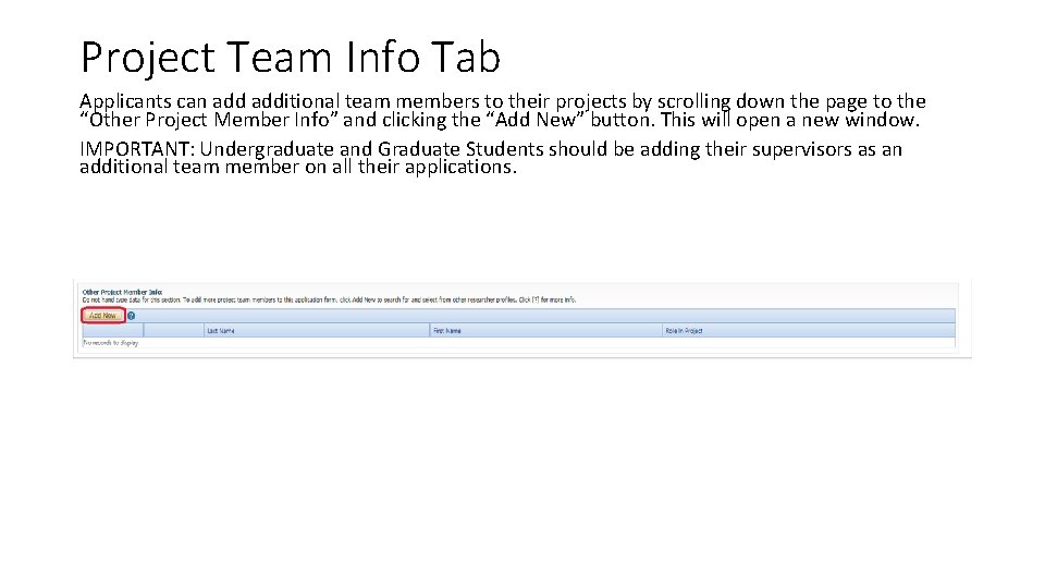 Project Team Info Tab Applicants can additional team members to their projects by scrolling