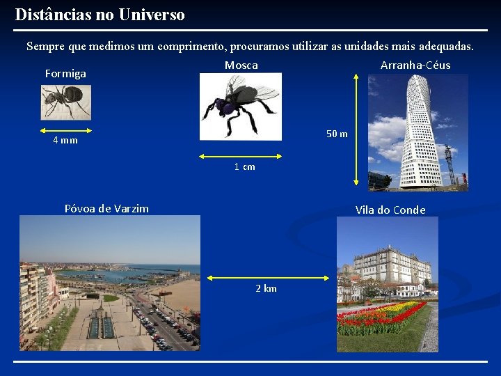 Distâncias no Universo Sempre que medimos um comprimento, procuramos utilizar as unidades mais adequadas.