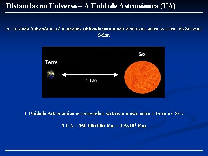 Distâncias no Universo – A Unidade Astronómica (UA) A Unidade Astronómica é a unidade