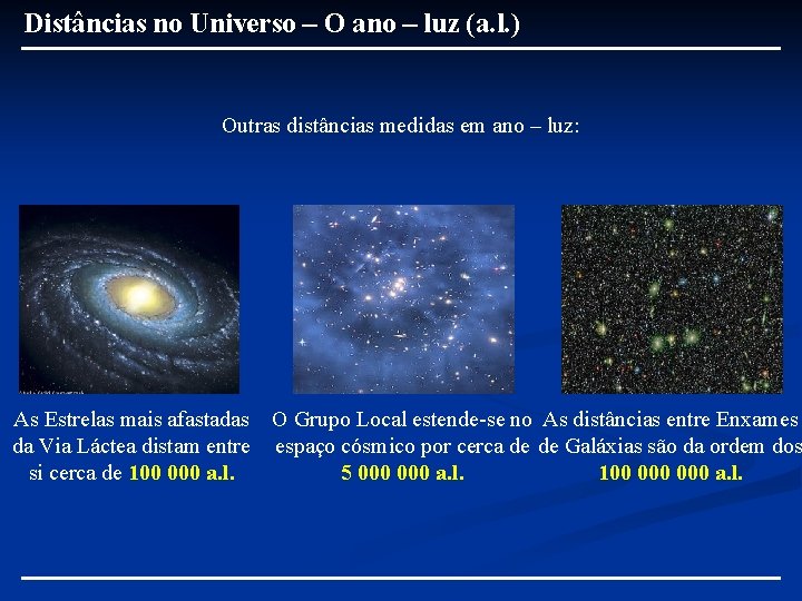 Distâncias no Universo – O ano – luz (a. l. ) Outras distâncias medidas