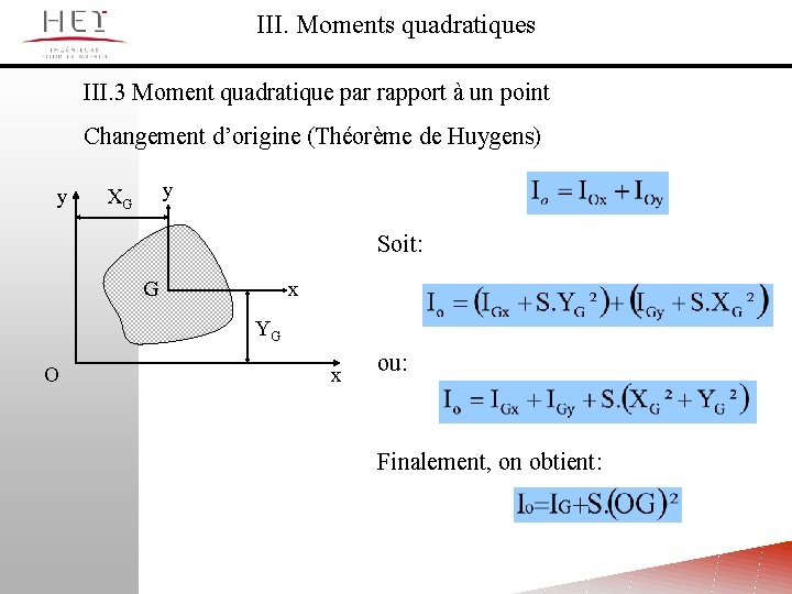III. Moments quadratiques III. 3 Moment quadratique par rapport à un point Changement d’origine