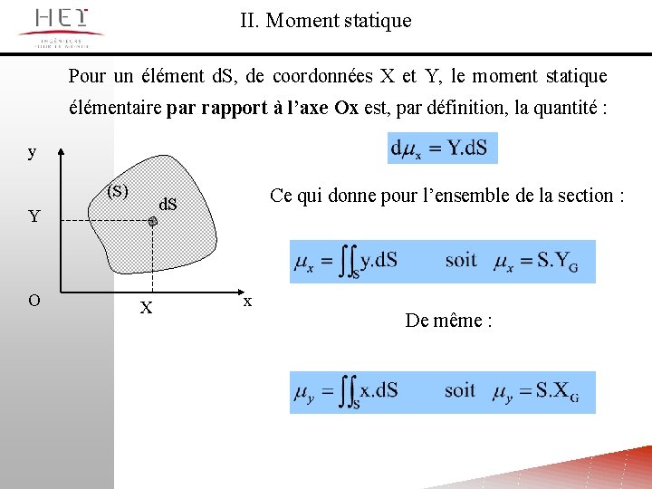 II. Moment statique Pour un élément d. S, de coordonnées X et Y, le