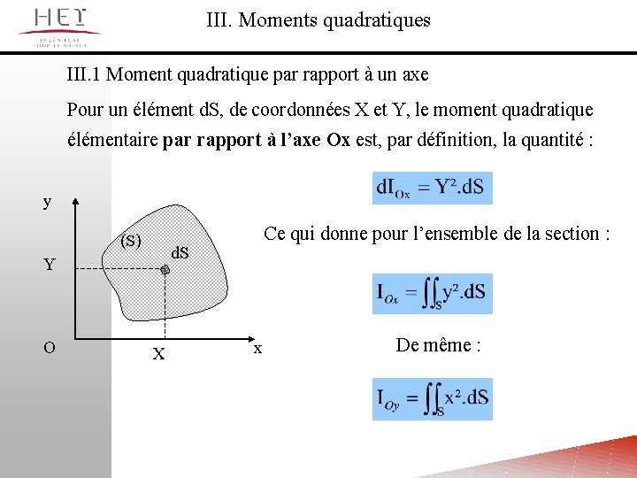 III. Moments quadratiques III. 1 Moment quadratique par rapport à un axe Pour un