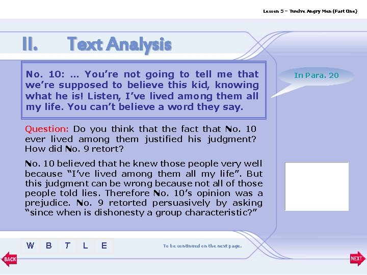 Lesson 5 – Twelve Angry Men (Part One) II. Text Analysis No. 10: …